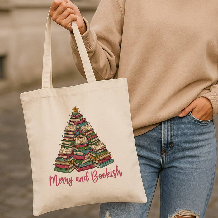 Merry and Bookish Christmas Book Lover Canvas Tote Bag