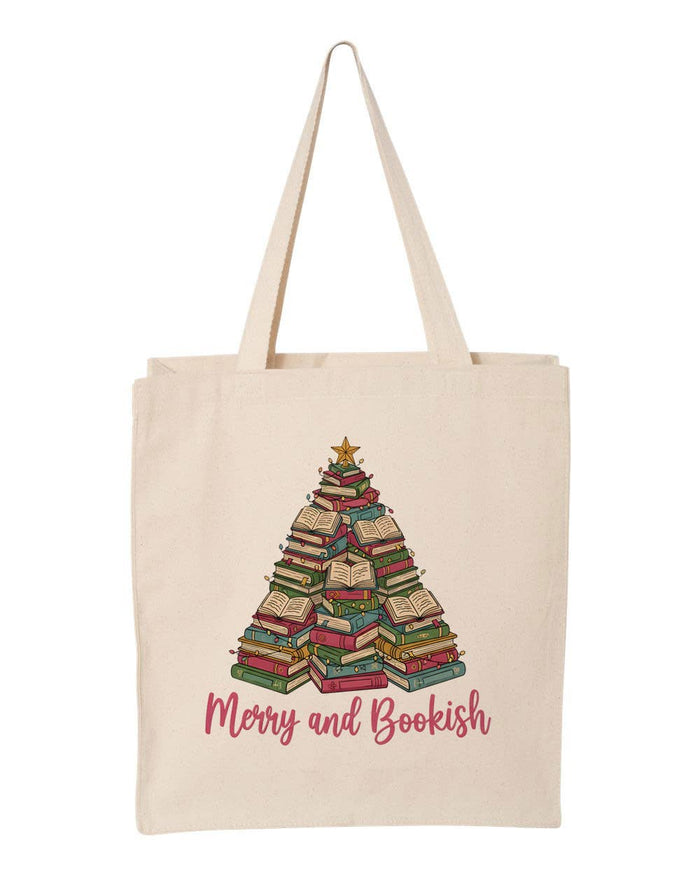 Merry and Bookish Christmas Book Lover Canvas Tote Bag