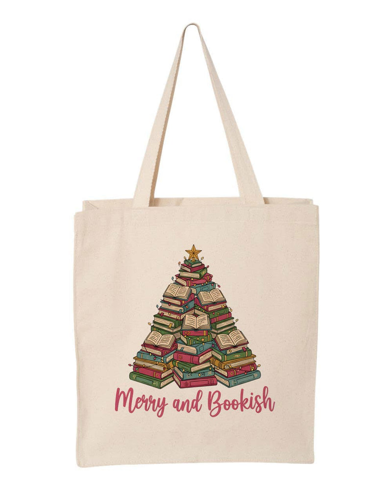 Merry and Bookish Christmas Book Lover Canvas Tote Bag